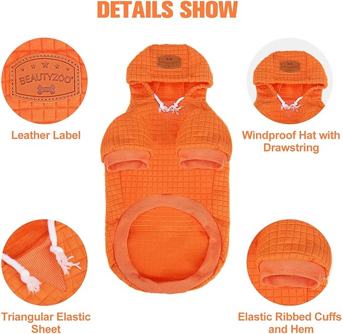 BEAUTYZOO Small Dog Hoodie Sweater with Pockets, Dog Clothes for Small Medium Dogs Boy Girl, Waffle-Like Laminated Cotton Pet Coats with Hat and Leash Hole, Orange M