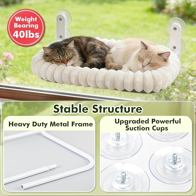2PC Cat Window Perch with Bolster Foldable Cat Hammock Cushion Bed for Window with Metal Frame, Cloud-Cuddle Cordless Window Resting Seat for Indoor Cats (Cushion Bed, White-M)