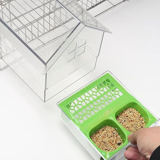 Pull-Out External Parrot Feeder, No Mess Hanging Bird Feeder for Cage, Multi-Function Transparent Bird Seed Platform Parrot Bath Tub Pet Feeding & Watering Supplies Easy to Clean (Green)