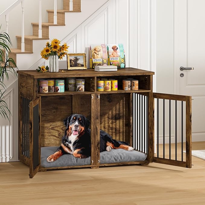 Furniture Dog Crate for Two Dogs, 41 Inch Farmhouse Style Dog Kennel with Removable Divider and Thickened Desktop, Heavy-Duty Base for Small to Medium Dogs, Rustic Brown