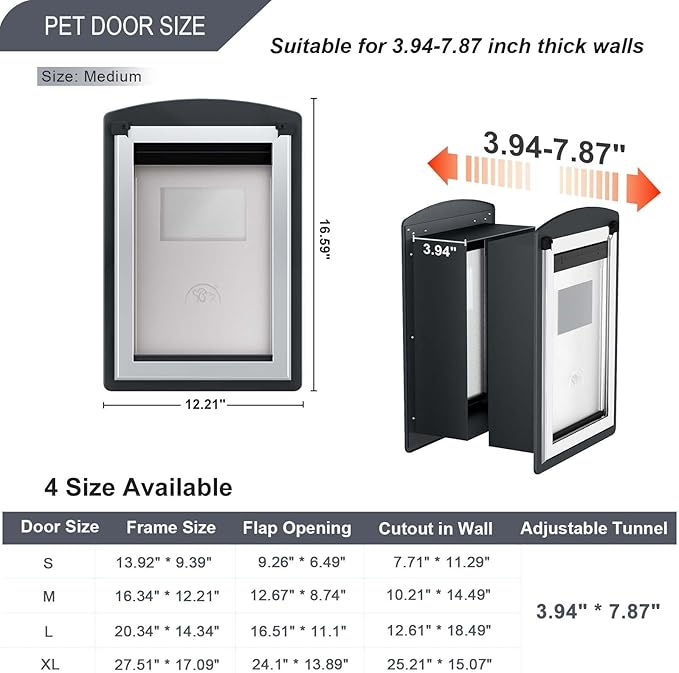 FreeStanding Dog Door for Wall, Steel Frame Doggy Door with Telescoping Tunnel, Double Magnetic Flaps and Double Security Lock Panels, Dog Door for Exterior and Interior Wall, Up to 40lbs, Smoky Gray