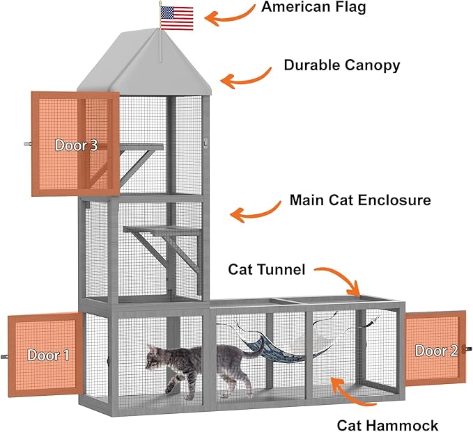 Cat Catio with Tunnel, 2 in 1 Outdoor Cat Enclosure Include 1 Catio and 1 Tunnel, Cats Enclosure with Kitten Hammock and Waterproof Cover, Indoor Outdoor Cats Cage Playground with 2 Door