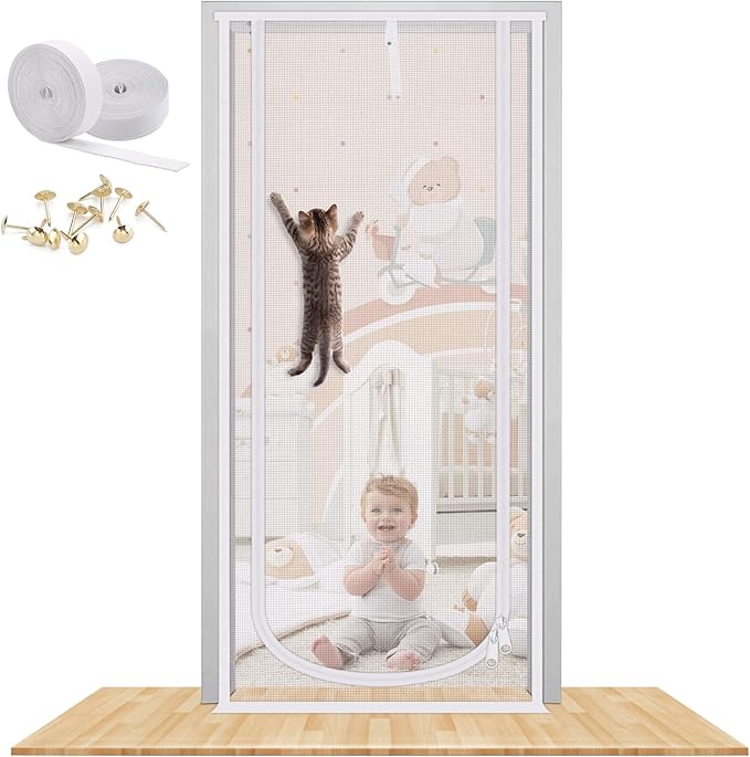 Reinforced Cat Screen Door, 40X84” Heavy Duty Pets Proof Screen Door with Bilateral Zipper, Prevent Dogs Cats Running Out from Home, Bedroom, Living Room, Kitchen Patio Door (White)
