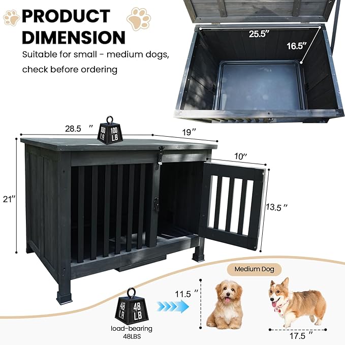 28" Dog Crate Furniture, Fully Assembled Wooden Dog Kennel with Removable Tray, Decorative Pet Crate Dog Cage Indoor Furniture End Table, Portable Pet Cage for Small & Medium Dogs, Black