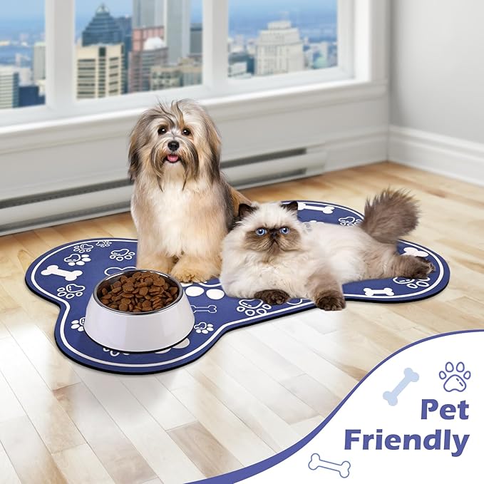 Dog Cat Mat for Food and Water,Rapid Absorbent Pet Feeding Mat, Bone Shaped Dog Placemat Bowl Mat with Rubber Backing,No Stains Pet Food Mats Indoor, Pet Accessories Supplies,Blue 17"×29"