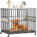 Dog Crate Furniture for Large Dogs, 42 Inch Indoor Large Kennel, Wooden Pet Cage Decorative Corner End Table with Caster Wheels & Double Removable Tray, White