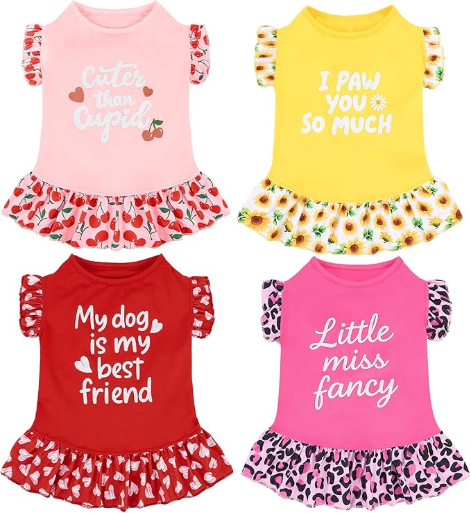XPUDAC 4 Pack Cute Dog Dress for Small Dog, Floral Pet Clothes Sweet Girl Puppy Dress Colorful for Birthday Holiday Spring Summer Pet Outfits Skirt for Girls, S