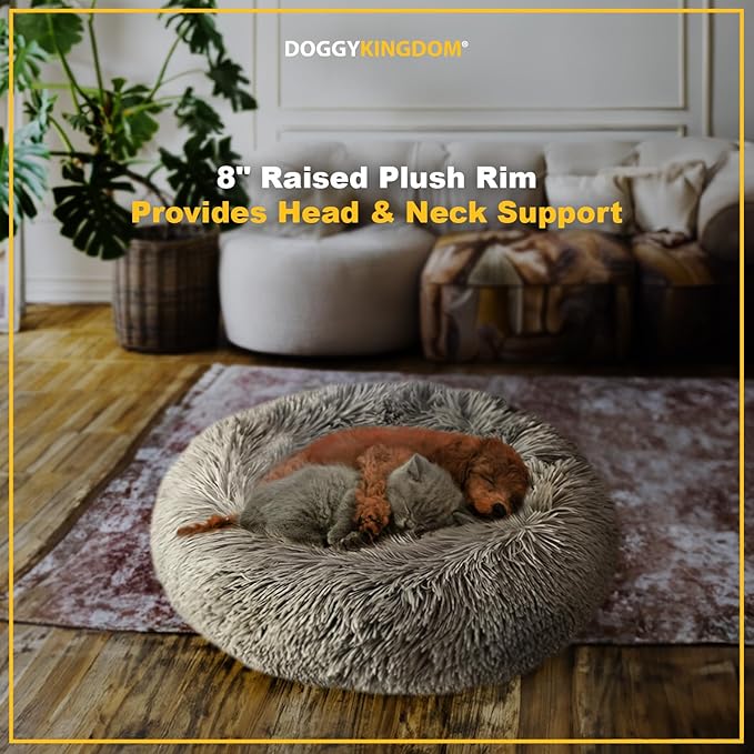 Calming Round Donut Dog Bed Pillow, Washable, Anti Anxiety, Anti-Slip, Cozy Soft Cuddler Comfort Bed with Fluffy Plush Faux Fur for Large Medium Small Sized Dog - Dark Gray, S 28 inch