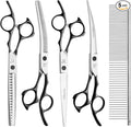 Dog Grooming Scissors,Curved Thinning Scissers and Chunker Shears for Dog Grooming with Safety Round Tips, Sharp and Comfortable 5 in 1 Deg Scissors for Grooming