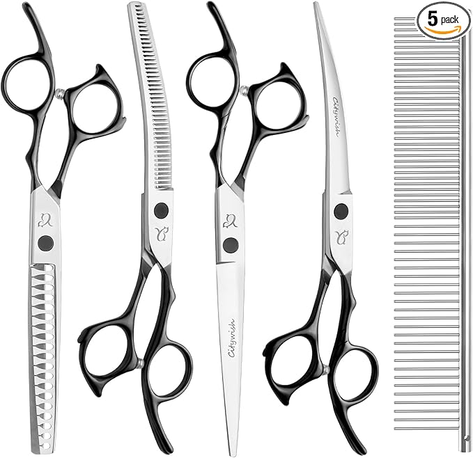 Dog Grooming Scissors,Curved Thinning Scissers and Chunker Shears for Dog Grooming with Safety Round Tips, Sharp and Comfortable 5 in 1 Deg Scissors for Grooming