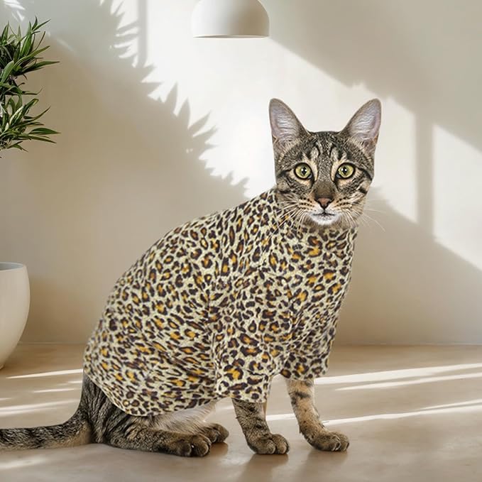 Sphynx Cat Sweater Leopard Hairless Cat Clothes Sweater Shirt Soft Warm Long Sleeves Pullover Pet Clothes Pajamas Dog Cloth for Small Dogs Jumpsuit Pet Sweaters (Leopard, Large)