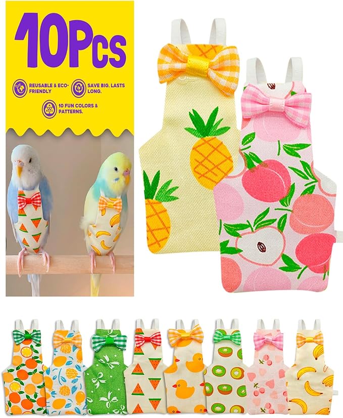10Pcs Reusable Bird Diapers - Washable Parrot Nappy with Waterproof Lining & Adjustable Straps for Pigeons (Size L)