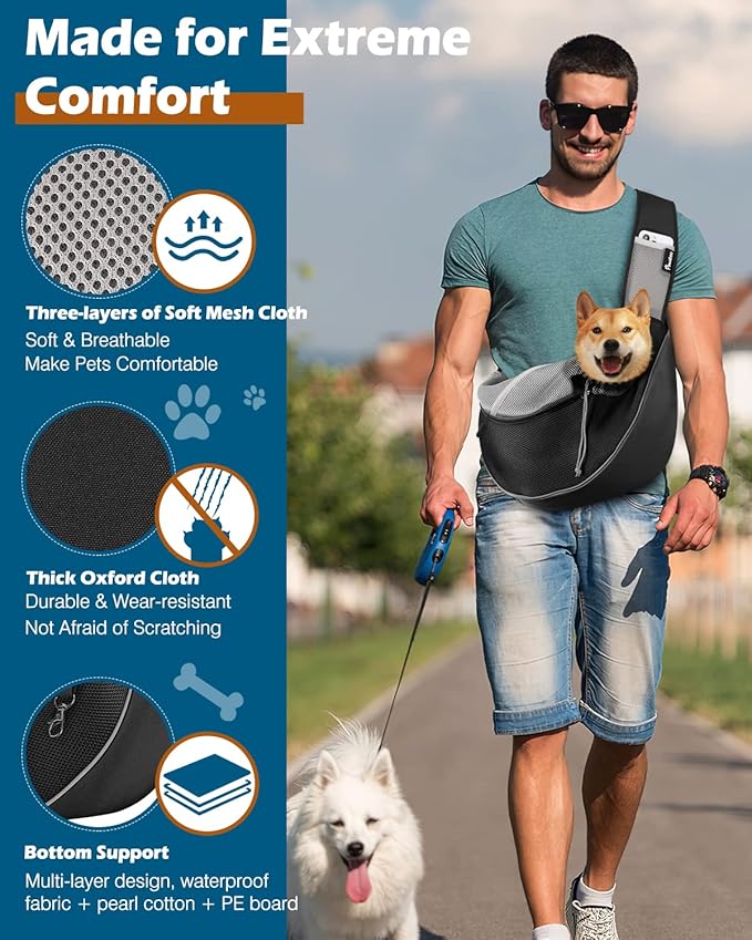 Pawaboo Pet Dog Sling Carrier, Hand Free Breathable Mesh Puppy Carrier, Dog Papoose with Zipper Touch Pocket and Adjustable Strap, Crossbody Satchel Dogs Purse for Outdoor, L, Black