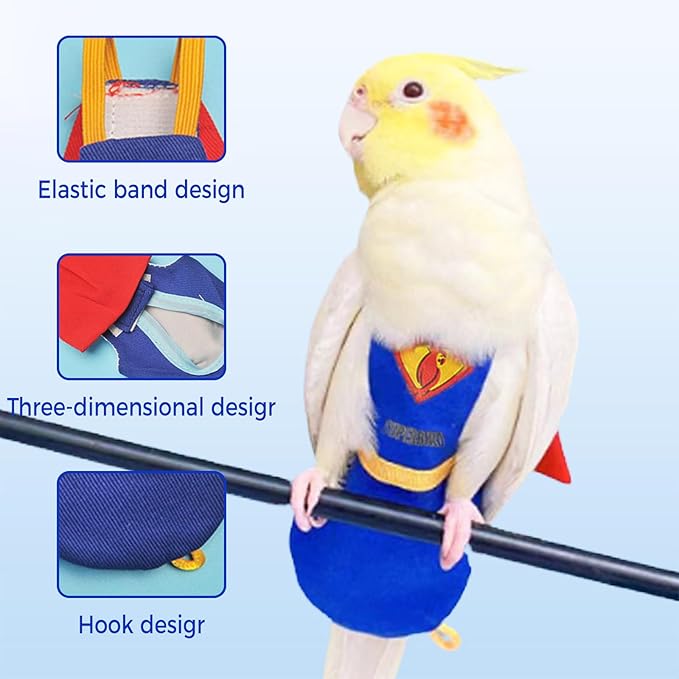 Bird Diaper Cockatiel Clothes Flight Suite, Reusable Parrot Nappy with Waterproof Inner Layer (Blue-M)