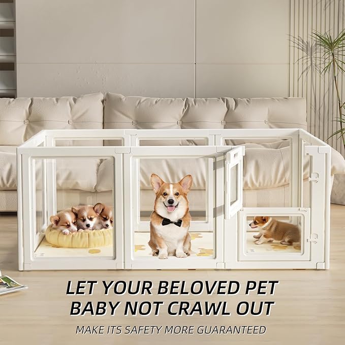 Clear Acrylic Dog Playpen Indoor,Transparent Dog Pen,Easy to Assemble and Clear pet Pen for Puppy Dog, Rabbit and cat,Sturdy and Easy to Clean Plastic pet Fence (White, 23.6" H, 10PCS)