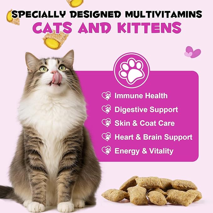 Cat Vitamins Treats, 15 in 1 Cat Multivitamin Chews Vitamins with Taurine, Omega-3s Fatty Acids, Prebiotics for Health, Bones, Joint, Skin & Coat, Digestion, Immune Support, (30 Day Supply)