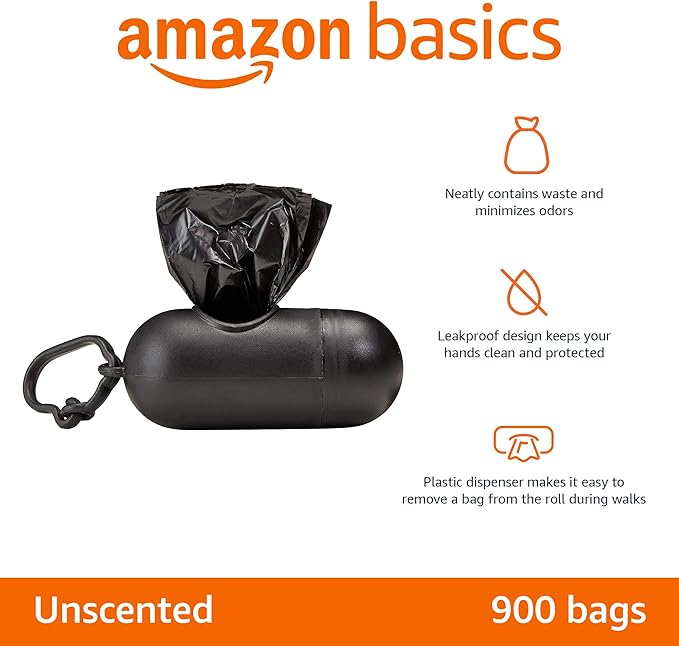 Amazon Basics Dog Poop Bags with Dispenser,Enhanced for Guaranteed Leakproof,Unscented,Includes Leash Clip,900 Count (Pack of 360)
