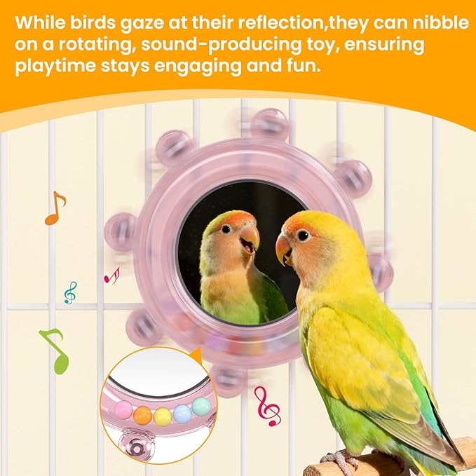 Bird Mirror Toys for Cage,Parakeet Rotating Sound Wheel Toy,Budgie Training Colorful Interactive Chew Toys for Canaries Lovebirds Conures Cockatiels cage Accessories (2, Green)