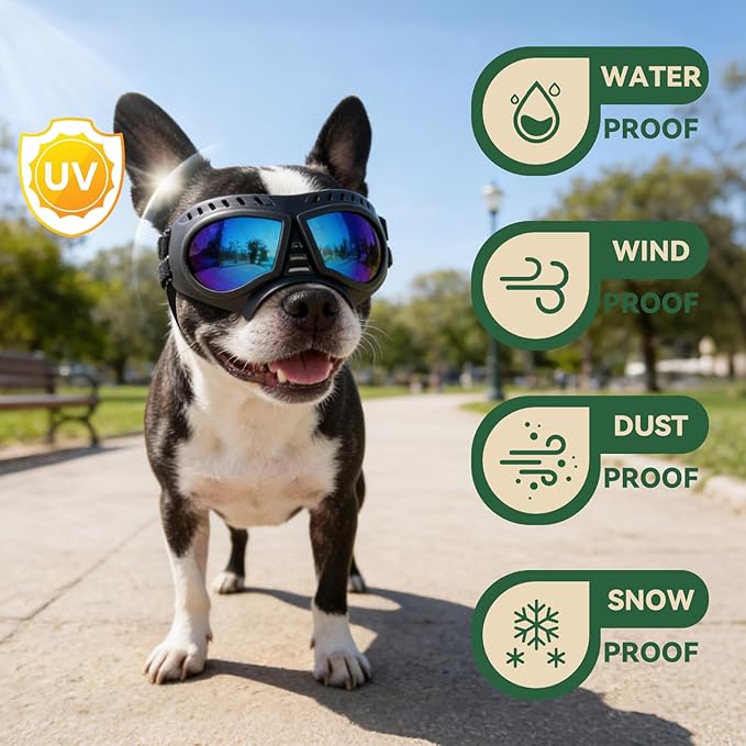 PETLESO Dog Goggles for Small to Medium Breeds, Small Dog Sunglasses UV Protection Windproof Snowproof, Outdoor Driving/Riding/Hiking Pet Eyes Protection, Soft Frame Adjustable Straps, Blue Lens