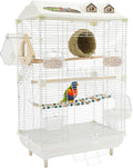 2-Door Wrought Iron Bird Cage Parakeet Cage with Roof, 30" H Parrot Cage Pet Birds Flight Cage w/Ladder & Nest, Interactive Birdcages Bird House Travel Cages for 4-6 Small Birds (Iron Mesh)