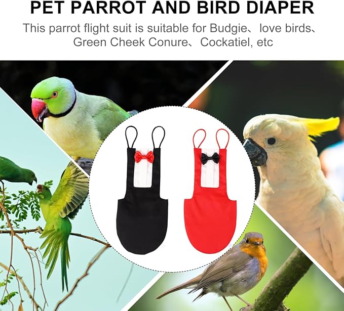 Alasum Reusable Washable Parrot Diaper Flight Suit with Bowtie Black and Red Bird Nappy Outfit for Budgie Cockatiel Conure Travel Home Decor (2Pcs XL)