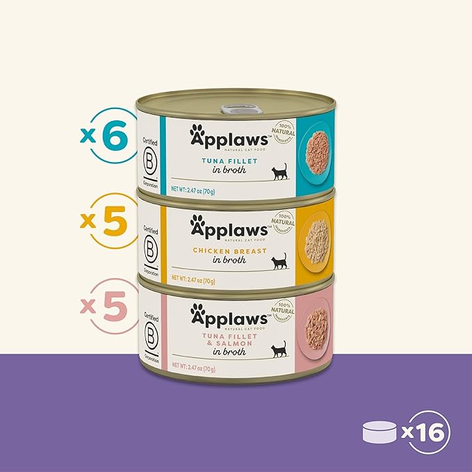 Applaws Natural Wet Canned Cat Food, Limited and Natural Ingredients, High Protein with No Artificial Additives, Variety Pack in Broth (16 x 2.47oz Cans)