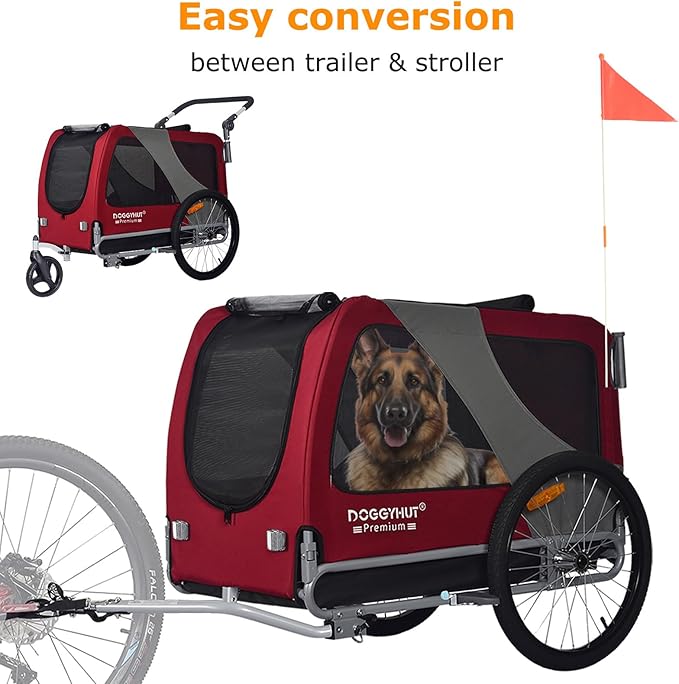 DOGGYHUT® Premium Large/XL Pet Bike Trailer & Stroller for Large Sized Dog or Multiple Small Dogs,Low Center of Gravity,Parking Brakes,Easy Folding Frame,Bicycle Carrier