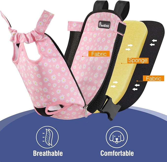 Pawaboo Dog Carrier Backpack, Dog Travel Carrier Backpack Cat Bag, Legs Out, Adjustable Pet Front Backpacks for Traveling Camping Hiking for Small Medium Dogs Cats Puppies, L, Black+Pink Daisy