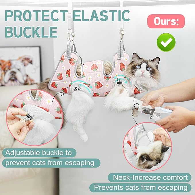 Supet Cat Grooming Hammock Harness for Nail Trimming, Cat Grooming Hanging Sling for Nail Clipping, Pet Restraint Holder for Cutting Nails, Medicine, Ear & Teeth Cleaning, Eye Care (Strawberry M)