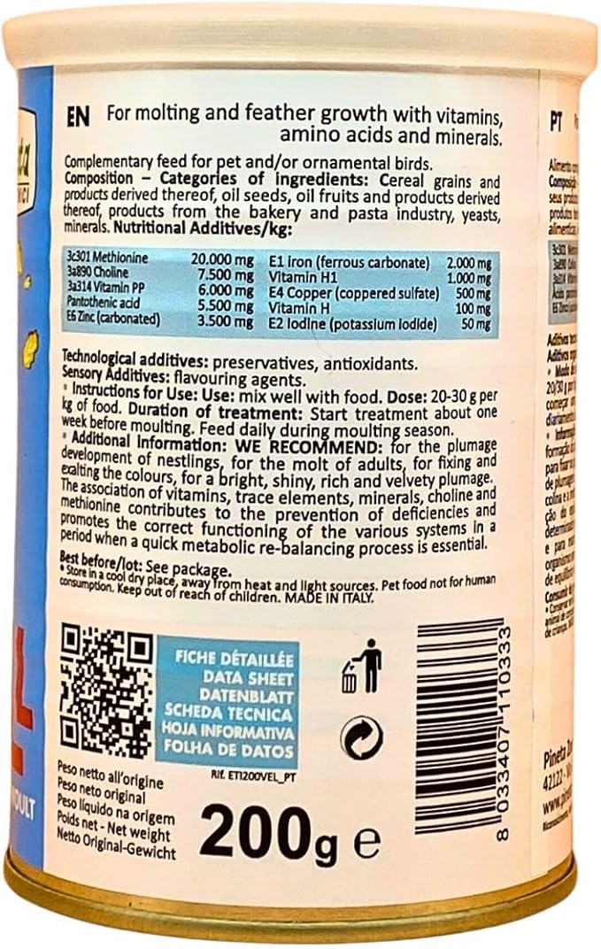 Pineta VellBrill 40g Vitamins for Birds Molting – Complete Feather Regrowth Support with Immune Boost and Calcium for Chickens, Promotes Beautiful Plumage, Easy to Mix