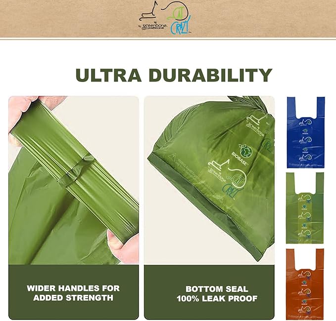 Greenbone Biobase Cat Litter Bags Unscented Tie-Handle Litter Box Bags - 100 Pet Waste Bags - Large 14 Inch x 7.5 Inch