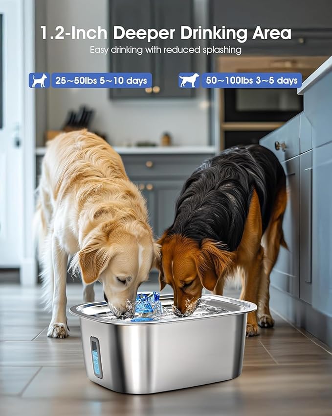 PETNF 3-Gallon Stainless Steel Dog Water Fountain for Large Dogs, Dog Water Bowl Dispenser with 4 Filters, Visible Water Window, Quiet Pump & LED Low-Water Indicator