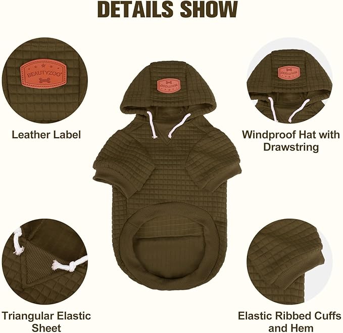 BEAUTYZOO Dog Hoodie with Leash Hole and Pocket,Dog Sweaters for Small Medium Large Dogs Boys Girls,Waffle-Like Laminated Cotton Warm Outfits for French Bulldogs, Pitbull, Winter Puppy Clothes Jacket