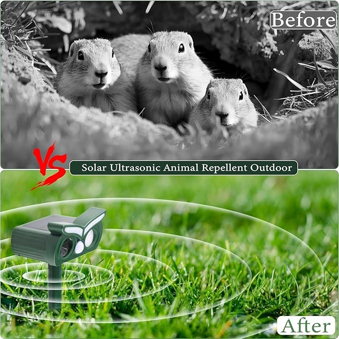 2Pack Solar Ultrasonic Animal Repellent Outdoor Deer Repellent Devices with Motion Detection&Flash Light Squirrel Rabbit Dog Cat Deterrent,Keep Rodent Chipmunk Raccoon Away for Yard