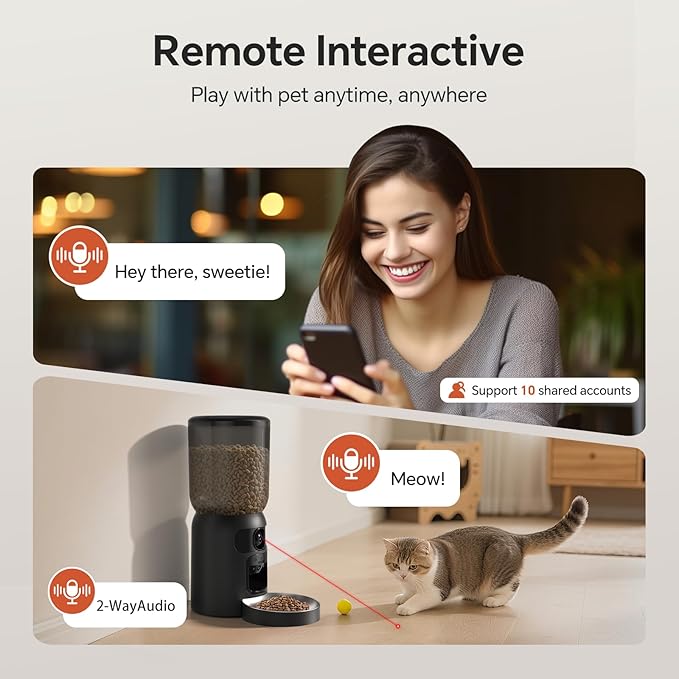 Automatic Cat Feeder with Dual 2K Camera, 5G WiFi with Night Vision, Cat Food Dispenser with App Controlled Pet Feeder, 2-Way Audio, Pet Feeder for Vacation & Work, Freshness Seal, Black