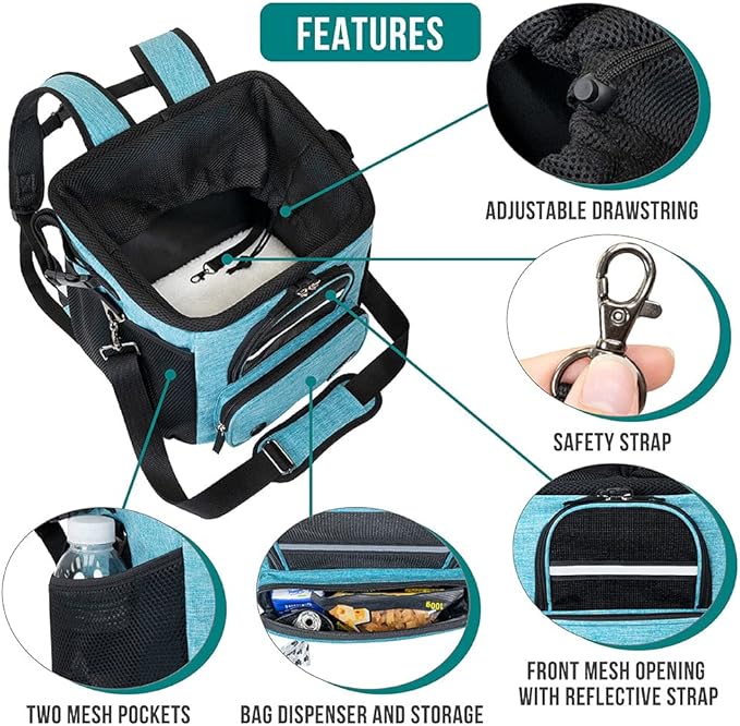 PetAmi Dog Bike Basket, Soft-Sided Ventilated Dog Bike Carrier Backpack, Pet Bicycle Basket for Bike Handlebar, Small Medium Puppy Cat Kitten Car Booster Seat with Safety Strap, Max 18 lbs, Blue