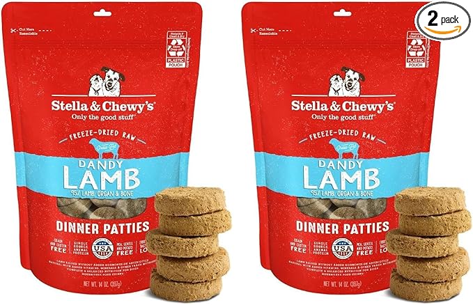 Stella & Chewy's Freeze-Dried Raw Dinner Patties - Dandy Lamb Recipe - High Protein Grain-Free Puppy & Dog Food - Perfect for Picky Eaters - 14 oz,(Pack of 2)
