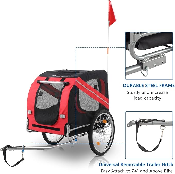 PEXMOR Dog Bike Trailer - Folding Pet Cart w/Universal Hitch, Cargo Carrier for Dog & Quick Release 20" Wheels & 3 Entrances