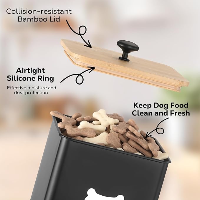 Dog Treat Container Set of 2, Dog Food Storage Containers with Airtight Lids, Metal dog treat jars for Kitchen Countertop, Pet Cookie Canister to Keep Treats Fresh, 9.4''×7.1''×9.6", Black