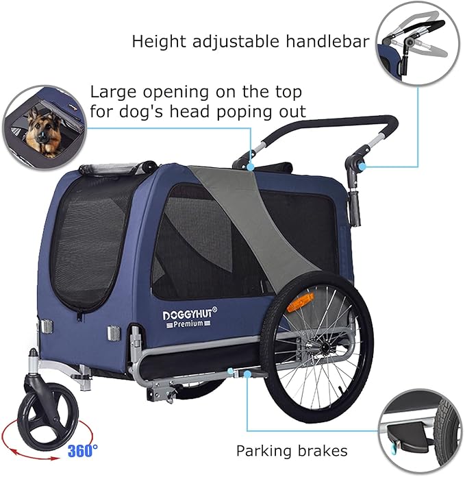 DOGGYHUT® Premium Large/XL Pet Bike Trailer & Stroller for Large Sized Dog or Multiple Small Dogs,Low Center of Gravity,Parking Brakes,Easy Folding Frame,Bicycle Carrier
