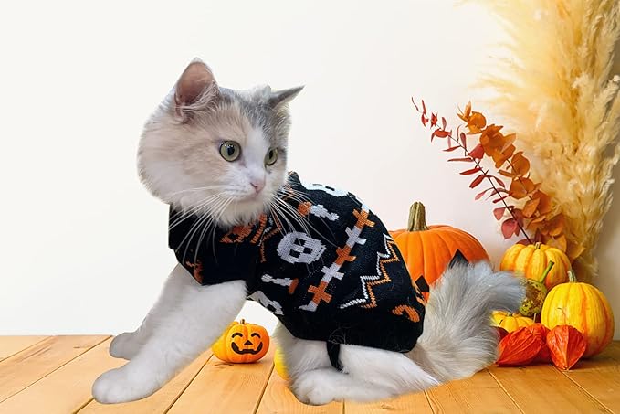 Vehomy 2Pcs Pet Halloween Sweaters Dog Halloween Pumpkin Sweater Kitten Cat Holiday Theme Turtleneck Knitwear Shirt with Pumpkin Skull Patterns Dog Puppy Halloween Costume Clothes for Small Dogs S