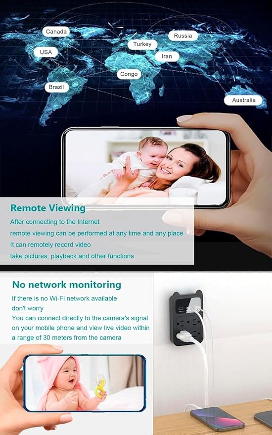 Wall Outlet Camera USB Charger Camera, 2K HD Wireless Nanny Cam with 120° Wide Angle for Home, Pets & Office Indoor Security-Black