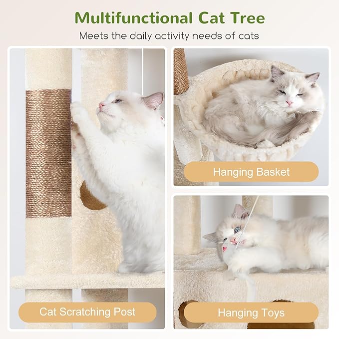 Globlazer Corner Cat Tree 66 inch Multi-Level Climbing Tower Kitty Condos Cat Scratching Tower for Indoor Multiple Cats with Large Platform, 3 Cat Caves, F66, Beige
