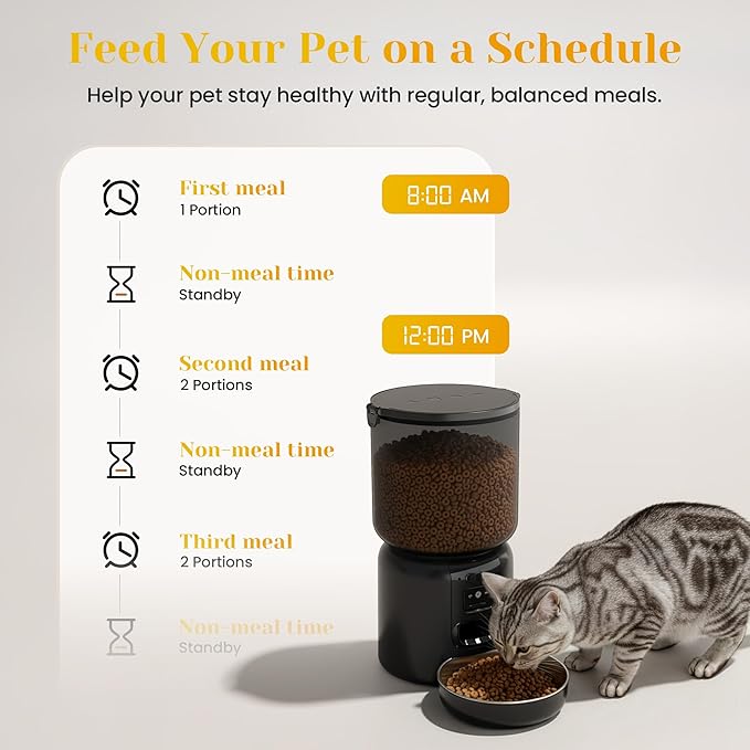 Automatic Cat Feeder with 1080p HD Camera, Automatic Dog Feeder with App Control via 2.4G/5G WiFi, Dual Power System & Voice Recording, 4L Food Dispenser for Cats and Small Dogs, Black