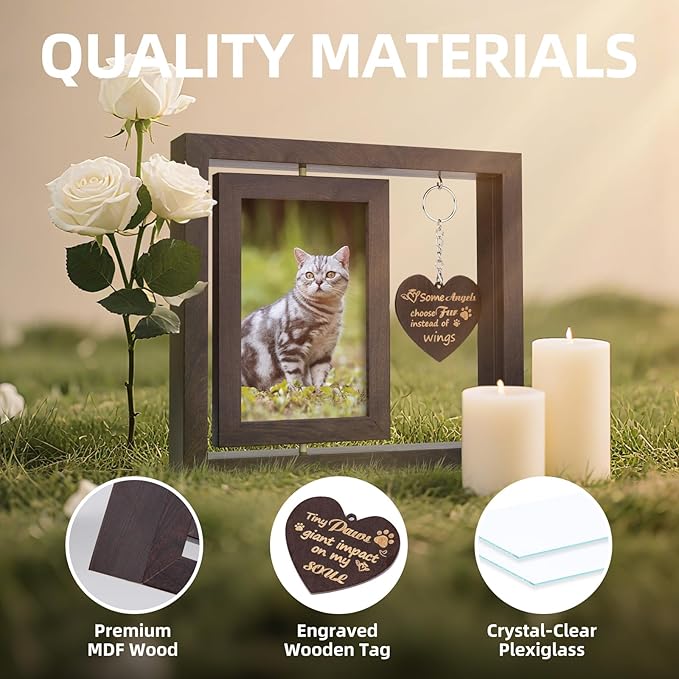 AVEAX Cat Memorial Gifts for Loss of Cat, Rotating Picture Frame 4x6, Pet Loss Sympathy Gift, Cat Memorial for Desktop Display, Brown