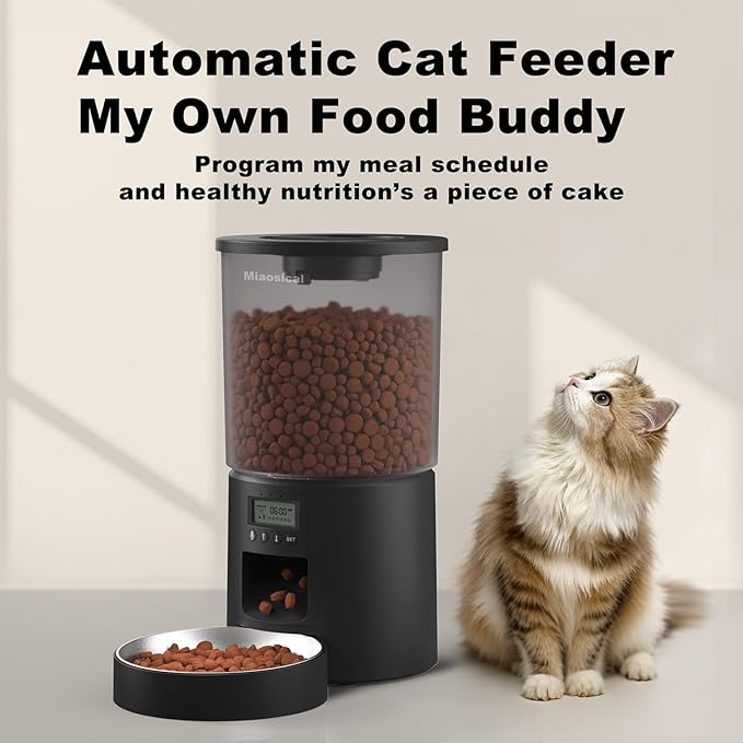 Automatic Cat Feeder 4.2L Cats,6 Meals/Day,Dual Power Portion Control Feeder,Dry Pet Food Auto Dispenser,Timer Setting,10S Voice Record (Transparent Black, Stainless Steel 2 Bowls)