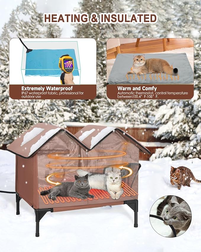 Heated Cat House for Outside Cats in Winter, Large Insulated Heated Outdoor Cat House Weatherproof with Elevated Base & Escape Door, Waterproof Cat Shelter for Multiple Cats Feral Stray Barn Kitty