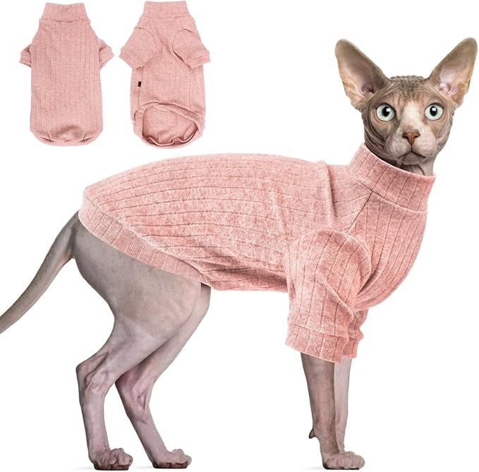 Idepet Sphynx Hairless Cats Sweater Shirt Kitten Soft Puppy Clothes Pullover Cute Cat Pajamas Jumpsuit Cotton Apparel Pet Winter Turtleneck for Cats and Teacup Chihuahua Small Dogs(Pink,XL)