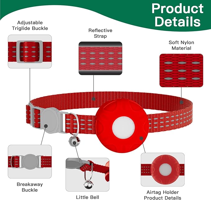 GPS Tracker for Cats, Waterproof Pet GPS Tracker, Cat Tracker Collar with Safety Elastic Buckle, Compatible with Apple Find My App (Only iOS), No Monthly Fee, Red