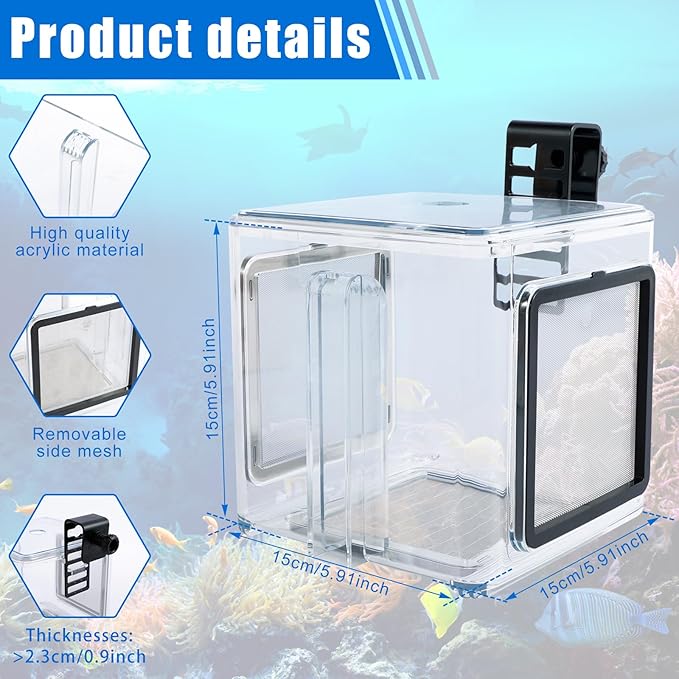 Fish Breeding Box, Acrylic Fish Isolation Box, Clear Fish Isolation Hatchery Tank, Hanging Fish Incubator Box with Detachable Mesh Lid for Baby Fish Newborn Fish Shrimp 15x15x15 cm